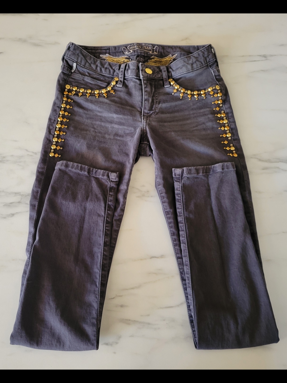 Robin's Jean Marilyn Charcoal Gray Studded Gold Wing Skinny Jeans Size 26